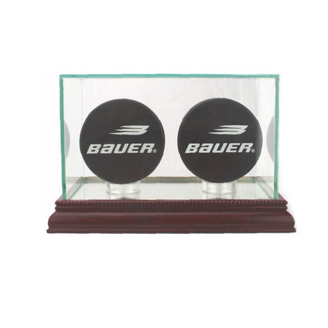 ETCHED GLASS DOUBLE 2 HOCKEY PUCK DISPLAY CASE - DESKTOP